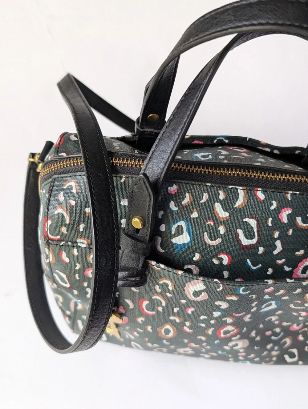 Fossil Rachel Black Green Multicolor Leopard Print Crossbody Satchel